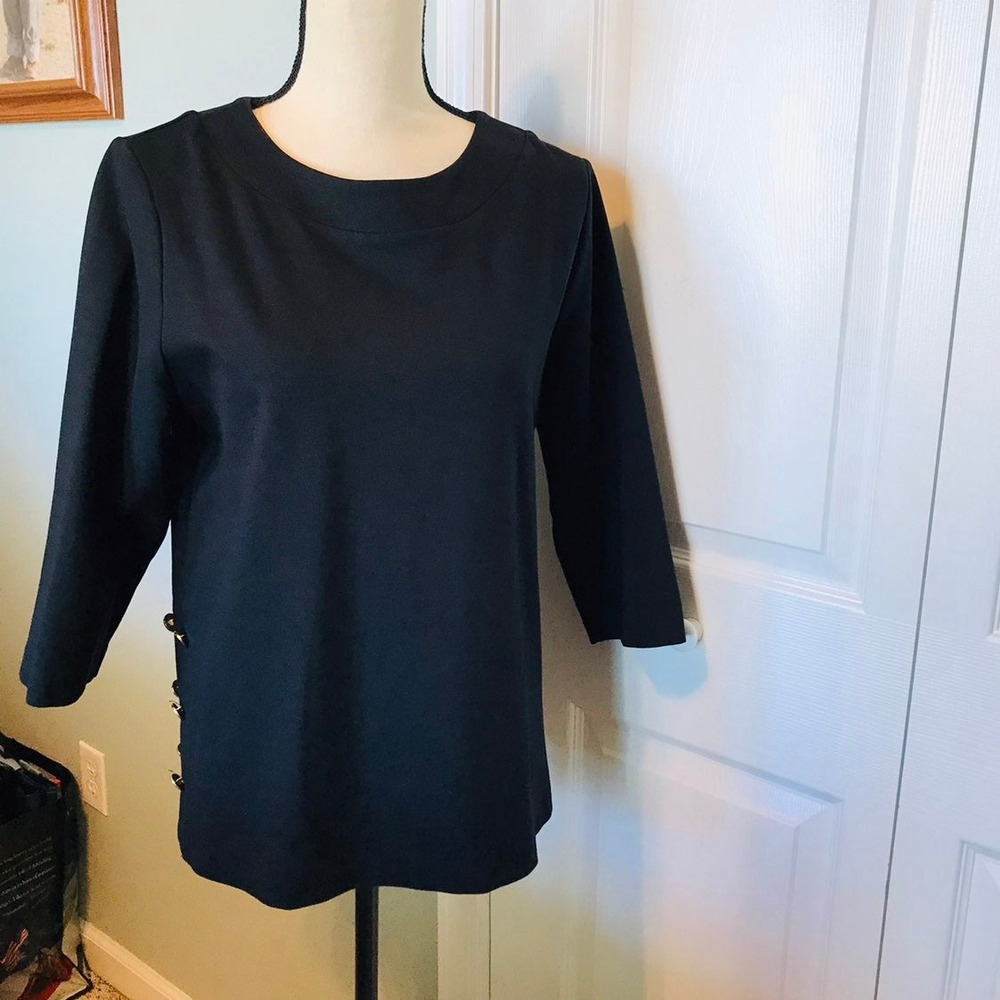 BROWNSTONE STUDIO Petite Medium (PM) Black blouse Top with gold‎ buttons